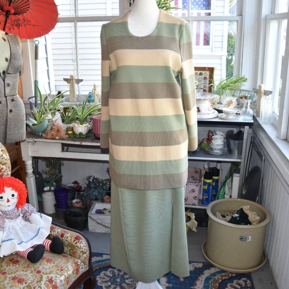 Vintage 90s Arkona Wool Knit Sweater Skirt Set Sage Green Striped M/L